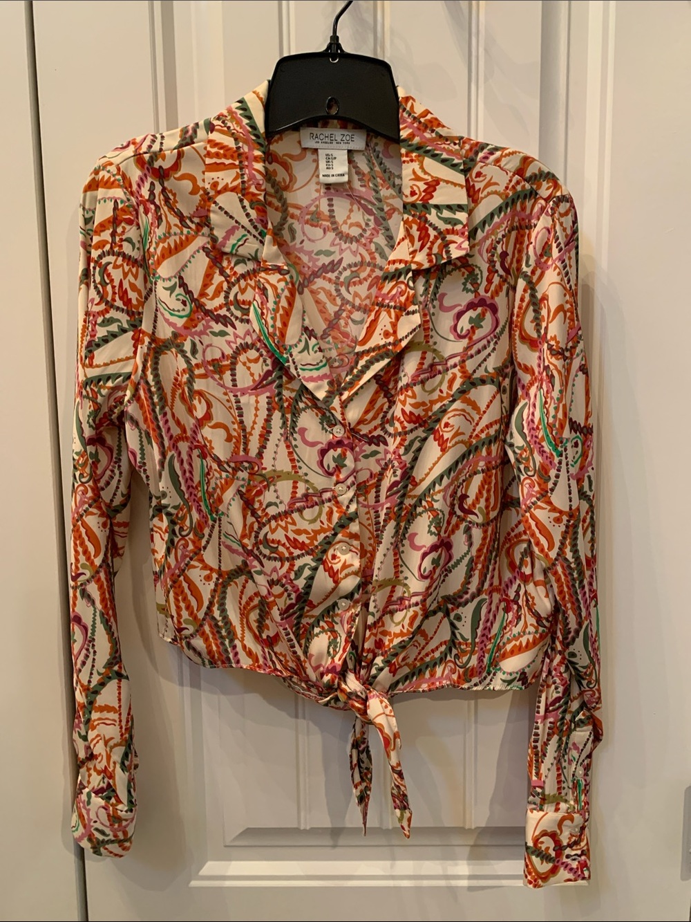 Rachel Zoe Cream Multicolor Chain-Print Tie-Front Blouse